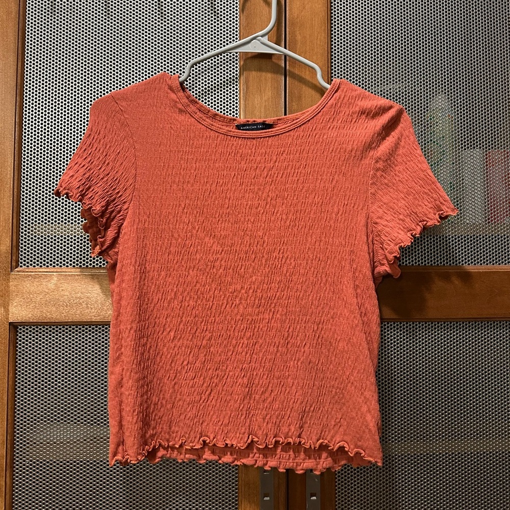 American Eagle Women’s Burnt Orange Lettuce Hem Ribbed Crop Top - size M